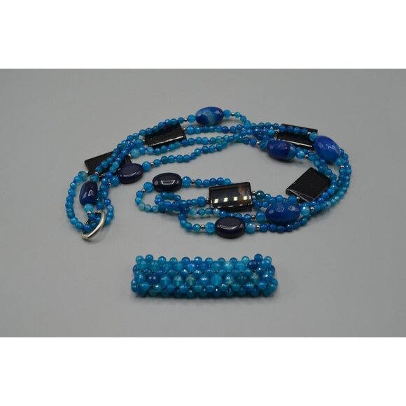 Faceted Blue Beaded 2-Strand Necklace & Bracelet Set Matching Chunky Jewelry - Picture 4 of 8